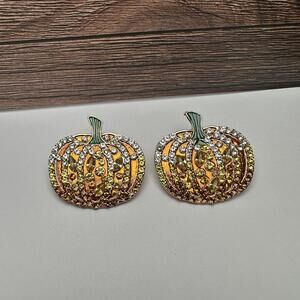 Orange Rhinestone Pumpkin Gold Tone Oversized Stud Pierced Earrings NWOT